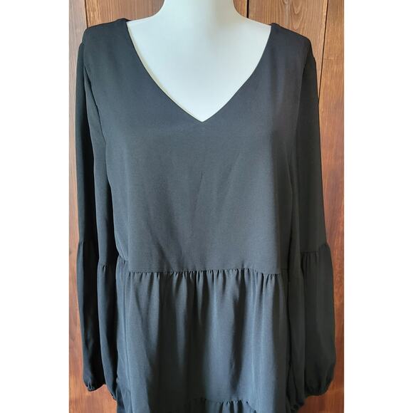 Roly Poly Women L Black Empire Waist Dress Balloon Sleeve Tiered Hem RP10853 - Picture 2 of 11